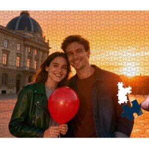 Hand die het laatste stukje in een afgemaakte fotopuzzel legt