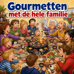 Cartoon van een volle eettafel met een rokend gourmetstel en de hele familie eromheen, met de tekst Gourmetten met de hele familie