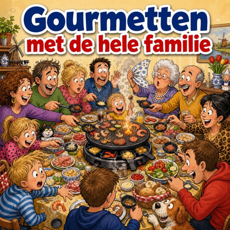 Cartoon van een volle eettafel met een rokend gourmetstel en de hele familie eromheen, met de tekst Gourmetten met de hele familie