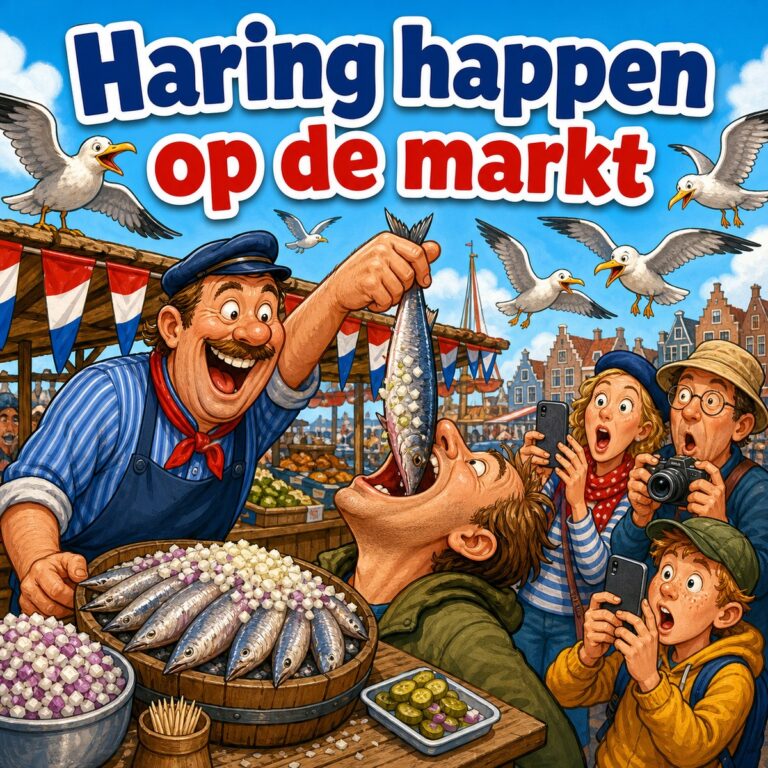 Cartoon van een man die met open mond een haring naar binnen laat glijden bij een marktkraam vol vis, met de tekst Haring happen op de markt