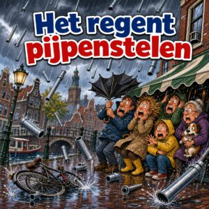 Cartoon van een Hollandse grachtenstraat waar metalen pijpen uit de lucht vallen op schuilende mensen, met de tekst Het regent pijpenstelen