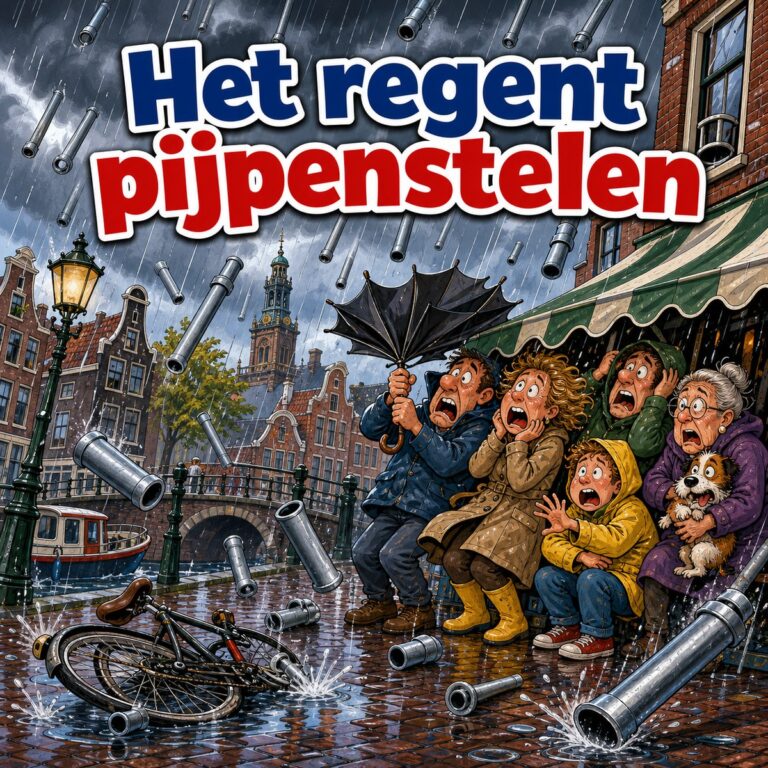 Cartoon van een Hollandse grachtenstraat waar metalen pijpen uit de lucht vallen op schuilende mensen, met de tekst Het regent pijpenstelen
