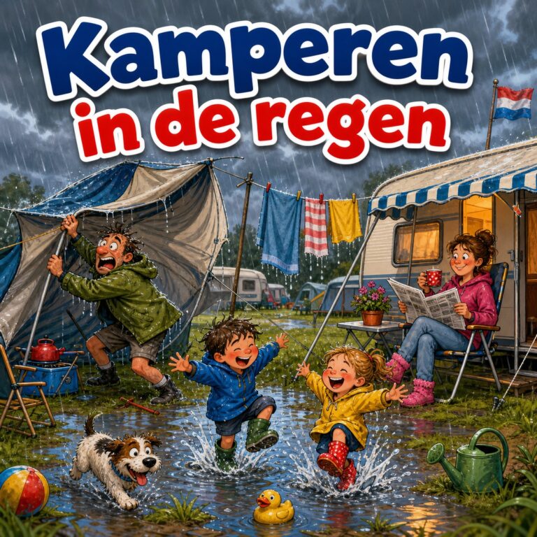 Cartoon van een doorweekte man die een omgewaaide tent overeind houdt naast zijn caravan terwijl kinderen in plassen springen, met de tekst Kamperen in de regen