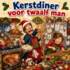 Cartoon van een dampende keuken vlak voor het kerstdiner met pannen op alle pitten en een gestreste kok, met de tekst Kerstdiner voor twaalf man