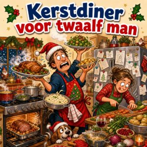 Cartoon van een dampende keuken vlak voor het kerstdiner met pannen op alle pitten en een gestreste kok, met de tekst Kerstdiner voor twaalf man