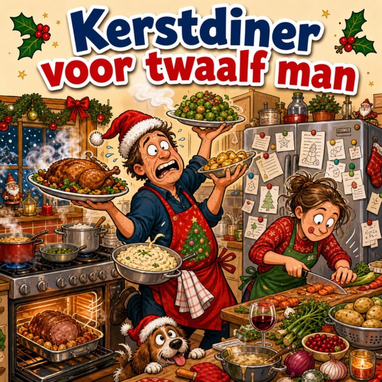 Cartoon van een dampende keuken vlak voor het kerstdiner met pannen op alle pitten en een gestreste kok, met de tekst Kerstdiner voor twaalf man
