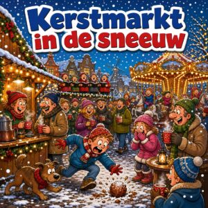 Cartoon van een kerstmarkt in de sneeuw met verlichte kraampjes, glühwein en een draaimolen, met de tekst Kerstmarkt in de sneeuw