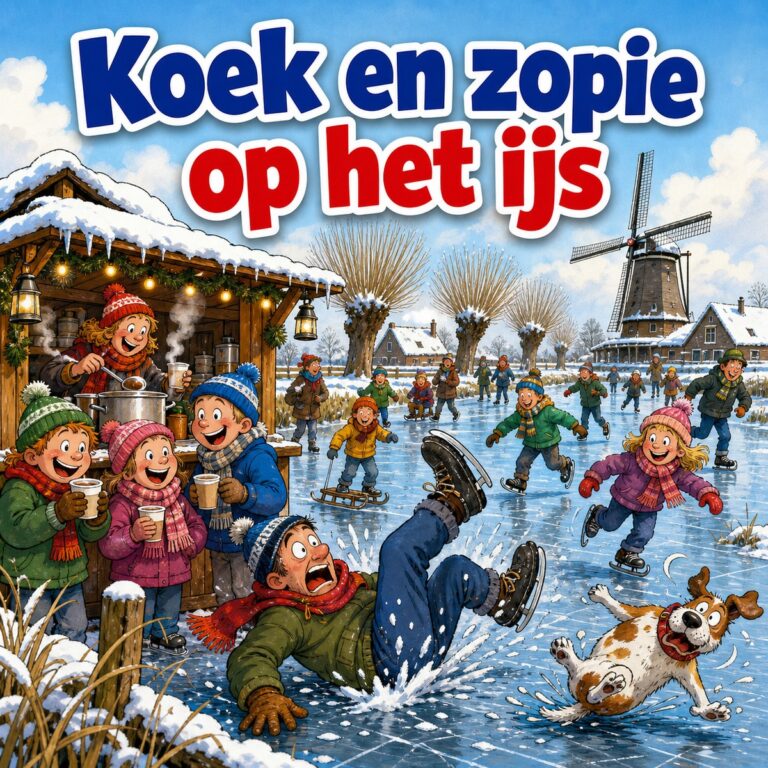 Cartoon van schaatsers op natuurijs bij een koek-en-zopietent met een man die op zijn achterwerk valt, met de tekst Koek en zopie op het ijs