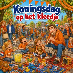 Cartoon van een drukke vrijmarkt op Koningsdag met kinderen op kleedjes vol speelgoed en oranje slingers, met de tekst Koningsdag op het kleedje