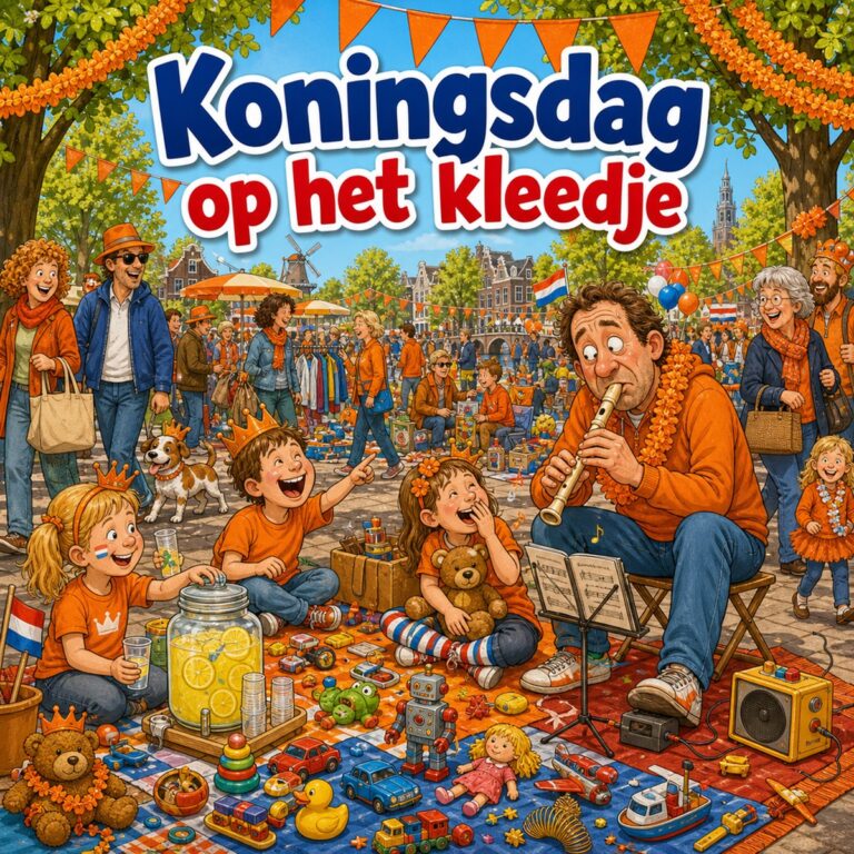 Diamond painting van een drukke vrijmarkt op Koningsdag