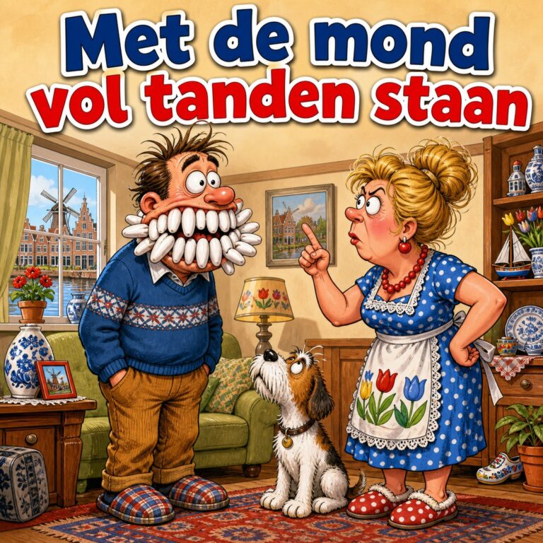 Cartoon van een sprakeloze man met een mond vol enorme tanden tegenover zijn strenge vrouw, met de tekst Met de mond vol tanden staan