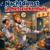 Cartoon van een verpleegkundige die tijdens de nachtdienst een infuuspaal duwt en tegelijk de telefoon vasthoudt, met de tekst Nachtdienst in het ziekenhuis