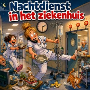 Cartoon van een verpleegkundige die tijdens de nachtdienst een infuuspaal duwt en tegelijk de telefoon vasthoudt, met de tekst Nachtdienst in het ziekenhuis