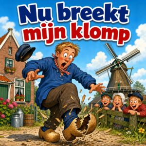 Cartoon van een verbouwereerde boer wiens houten klomp middendoor breekt, met de tekst Nu breekt mijn klomp