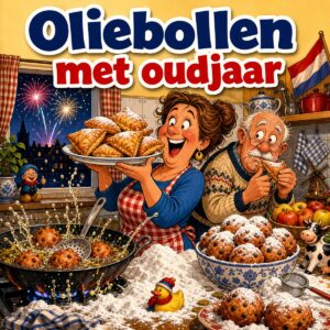 Cartoon van een keuken op oudjaarsavond met spetterende oliebollen, poedersuiker en vuurwerk door het raam, met de tekst Oliebollen met oudjaar