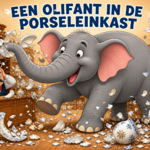 Een olifant in de porseleinkast — diamond painting van een olifant die een porseleinkast aan diggelen slaat