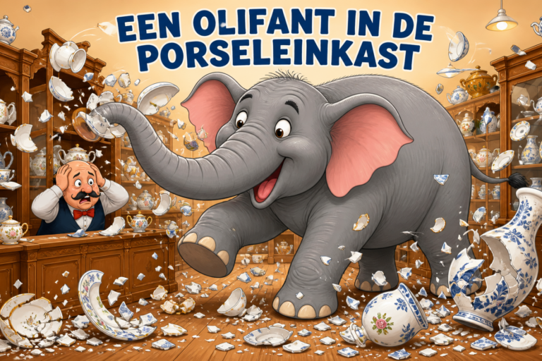 Een olifant in de porseleinkast — diamond painting van een olifant die een porseleinkast aan diggelen slaat