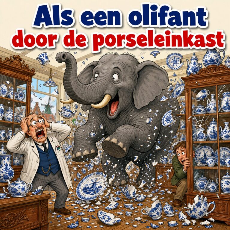 Cartoon van een olifant die door een winkel vol Delfts blauw serviesgoed banjert, met de tekst Als een olifant door de porseleinkast
