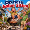 Cartoon van een man die boven op een barbecue vol gloeiende kolen springt terwijl de buurman lacht, met de tekst Op hete kolen zitten