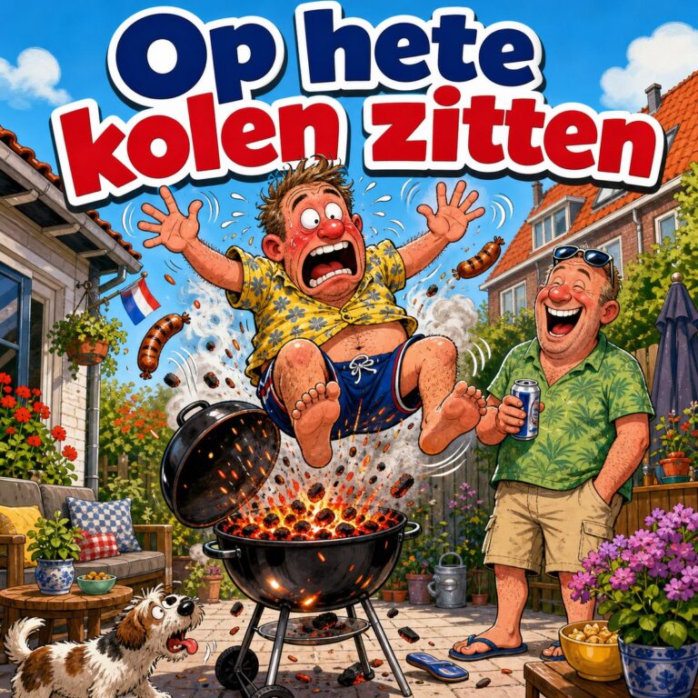 Cartoon van een man die boven op een barbecue vol gloeiende kolen springt terwijl de buurman lacht, met de tekst Op hete kolen zitten