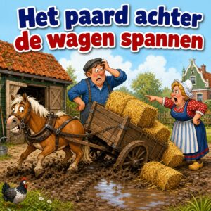 Cartoon van een boer die zijn paard aan de achterkant van de kar heeft gespannen, met de tekst Het paard achter de wagen spannen
