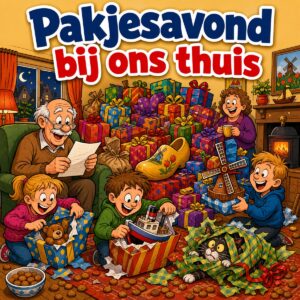 Cartoon van een huiskamer op pakjesavond met surprises, een opa die een gedicht voorleest en pepernoten over de vloer, met de tekst Pakjesavond bij ons thuis