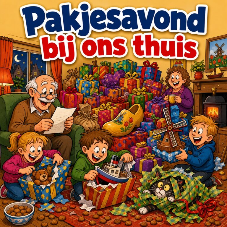 Cartoon van een huiskamer op pakjesavond met surprises, een opa die een gedicht voorleest en pepernoten over de vloer, met de tekst Pakjesavond bij ons thuis