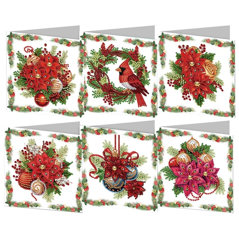 Zes diamond painting wenskaarten met rode bloemen