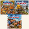 Drie diamond paintings met Hollandse momenten naast elkaar: Koningsdag, fietsen tegen de wind in en haring happen op de markt