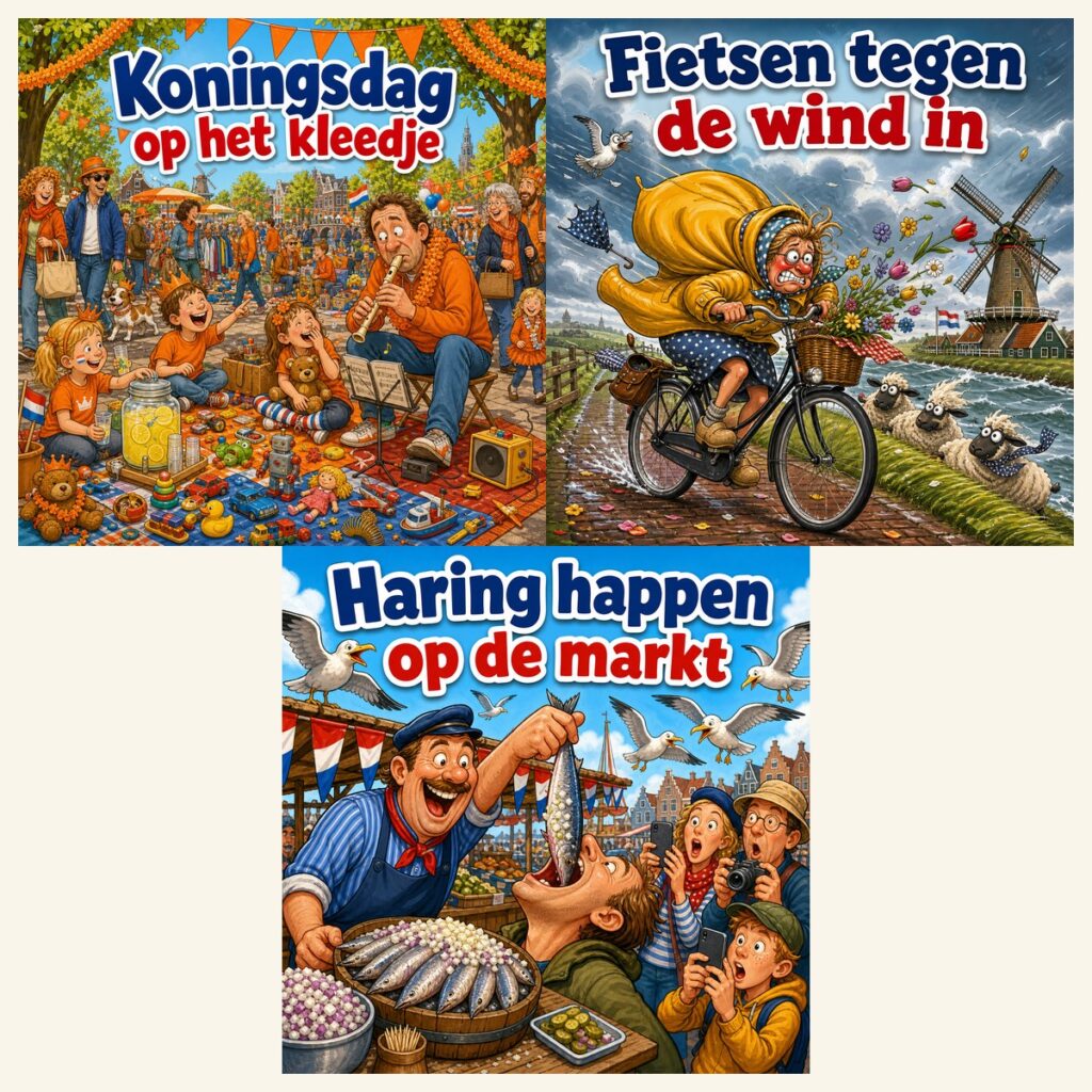 Drie diamond paintings met Hollandse momenten naast elkaar: Koningsdag, fietsen tegen de wind in en haring happen op de markt