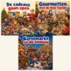 Drie kerst-diamond-paintings naast elkaar: de cadeaus gaan open, gourmetten met de familie en de kerstmarkt in de sneeuw