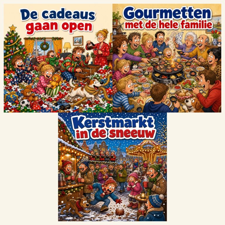 Drie kerst-diamond-paintings naast elkaar: de cadeaus gaan open, gourmetten met de familie en de kerstmarkt in de sneeuw