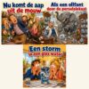Drie diamond paintings van Nederlandse spreekwoorden naast elkaar: de aap uit de mouw, de olifant in de porseleinkast en de storm in een glas water