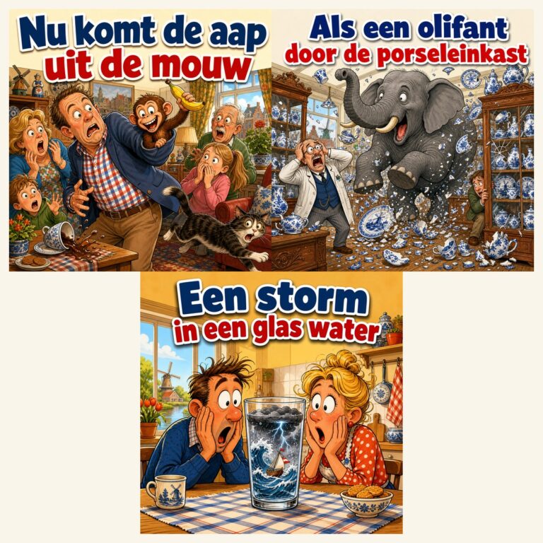 Drie diamond paintings van Nederlandse spreekwoorden naast elkaar: de aap uit de mouw, de olifant in de porseleinkast en de storm in een glas water