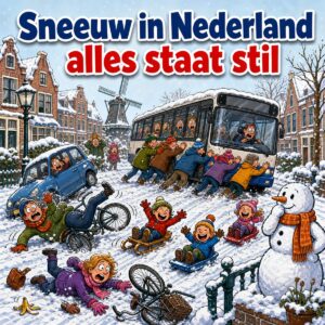 Cartoon van een besneeuwde straat waar fietsers onderuitgaan en mensen een bus duwen terwijl kinderen sleeën, met de tekst Sneeuw in Nederland alles staat stil