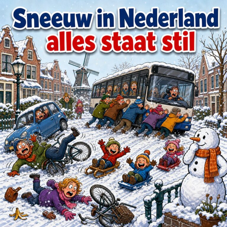Cartoon van een besneeuwde straat waar fietsers onderuitgaan en mensen een bus duwen terwijl kinderen sleeën, met de tekst Sneeuw in Nederland alles staat stil
