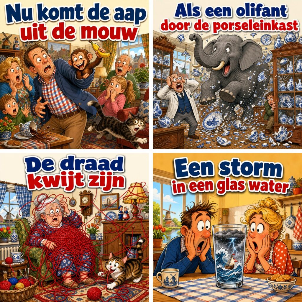 Vier cartoons van Nederlandse spreekwoorden als diamond painting naast elkaar
