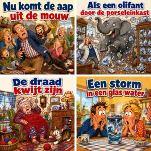Vier cartoons van Nederlandse spreekwoorden als diamond painting naast elkaar