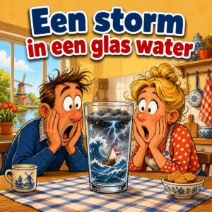 Cartoon van een glas water op tafel waarin een storm met golven en bliksem woedt terwijl een echtpaar toekijkt, met de tekst Een storm in een glas water