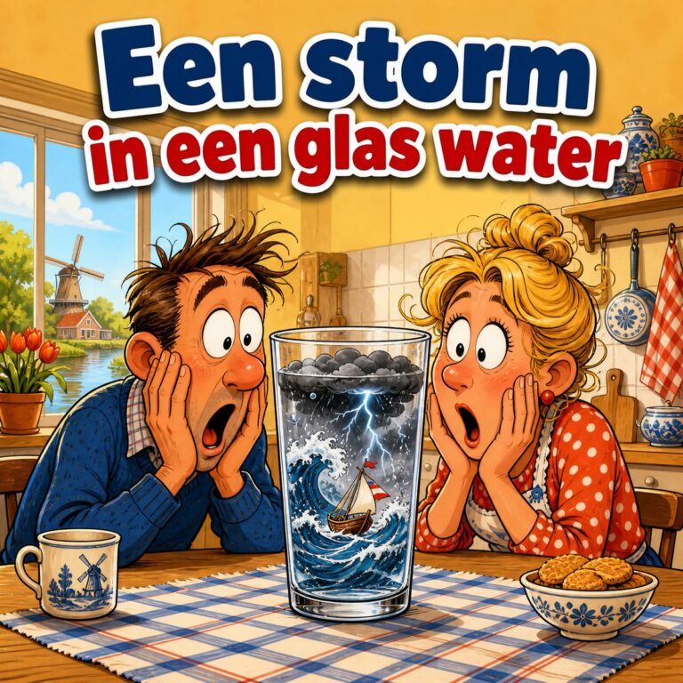 Cartoon van een glas water op tafel waarin een storm met golven en bliksem woedt terwijl een echtpaar toekijkt, met de tekst Een storm in een glas water