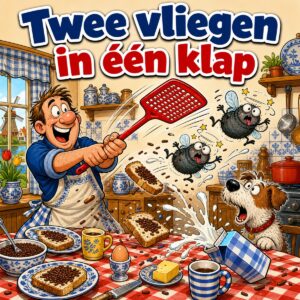 Cartoon van een man met een vliegenmepper die twee vliegen tegelijk raakt boven de ontbijttafel, met de tekst Twee vliegen in een klap
