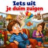 Cartoon van een jongen die op zijn duim zuigt waar een konijn, ballonnen en een kasteel uit tevoorschijn komen, met de tekst Iets uit je duim zuigen
