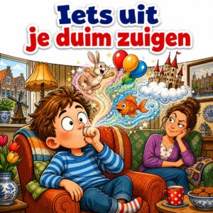 Cartoon van een jongen die op zijn duim zuigt waar een konijn, ballonnen en een kasteel uit tevoorschijn komen, met de tekst Iets uit je duim zuigen