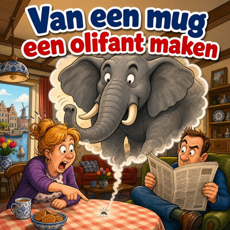 Cartoon van een vrouw die naar een mug wijst terwijl daaruit een enorme olifant groeit, met de tekst Van een mug een olifant maken