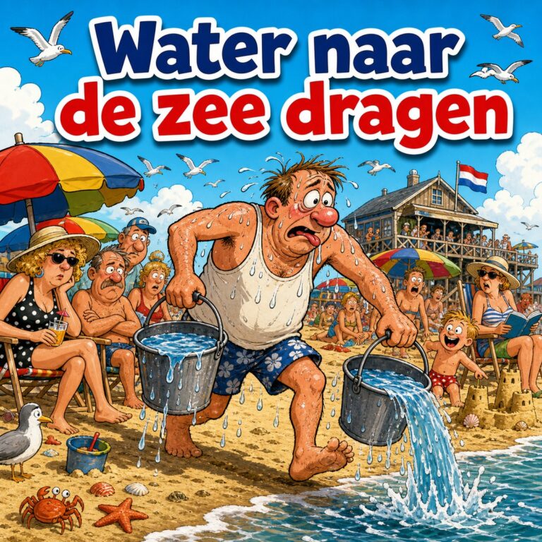 Cartoon van een zwetende man die emmers water leeggooit in de zee terwijl badgasten toekijken, met de tekst Water naar de zee dragen