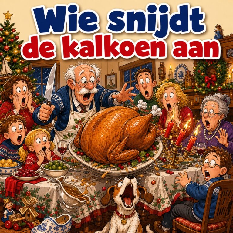 Cartoon van een kalkoen die van de schaal glijdt terwijl opa met een groot mes toekijkt en de hond eronder wacht, met de tekst Wie snijdt de kalkoen aan