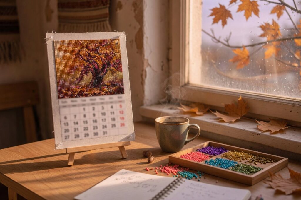 Diamond painting bureaukalender 2027 met steentjes op een bureau naast een kop koffie