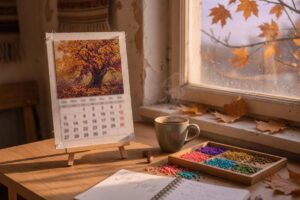 Diamond painting bureaukalender 2027 met steentjes op een bureau naast een kop koffie