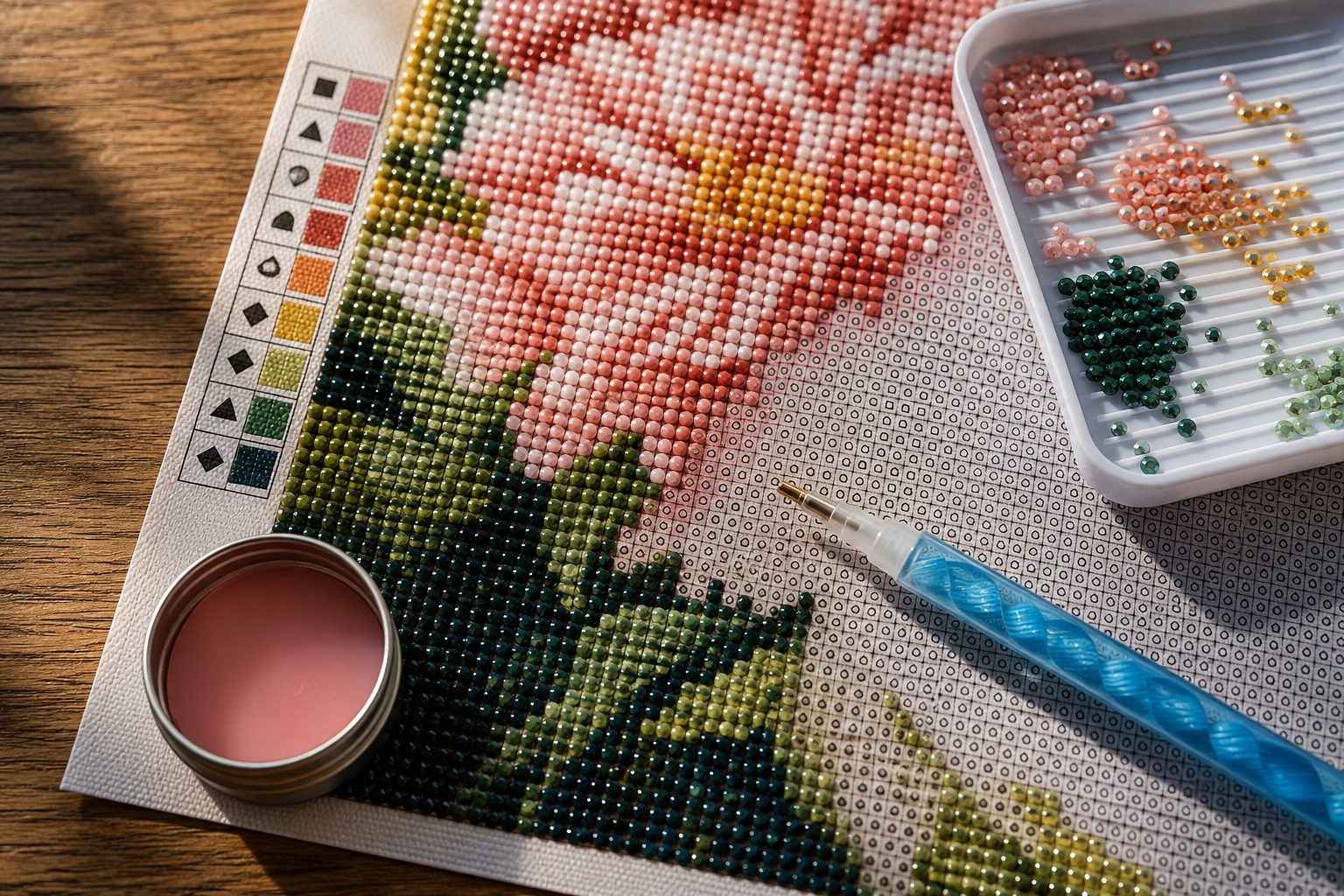 Half afgemaakte diamond painting met legenda, gesorteerde steentjes, pen en wax