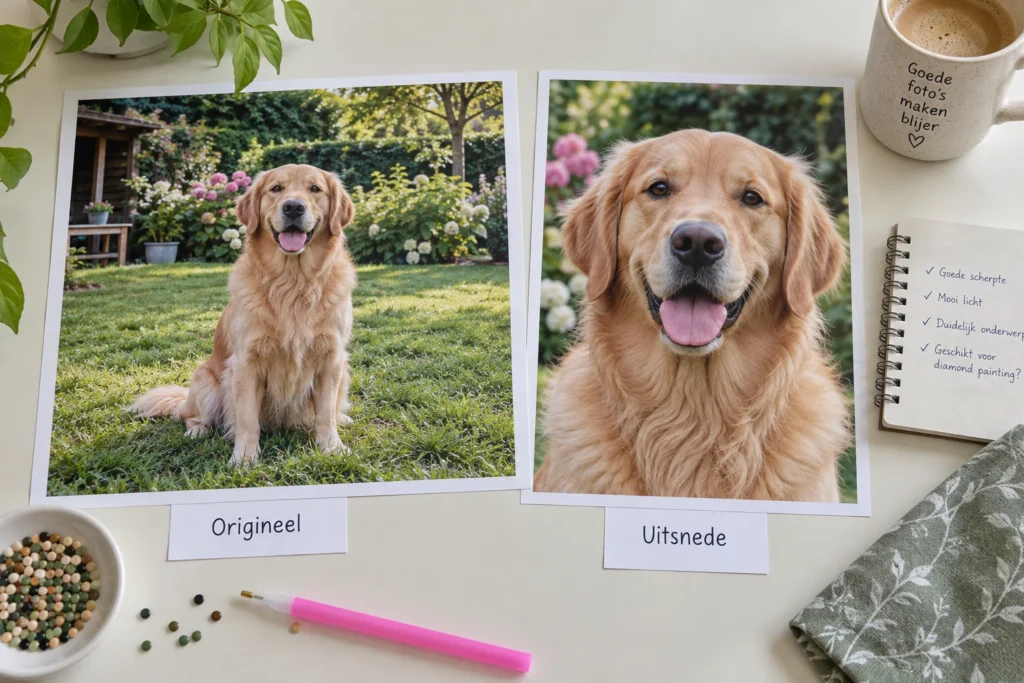 Illustratie van een hondenfoto met een brede en strakkere uitsnede